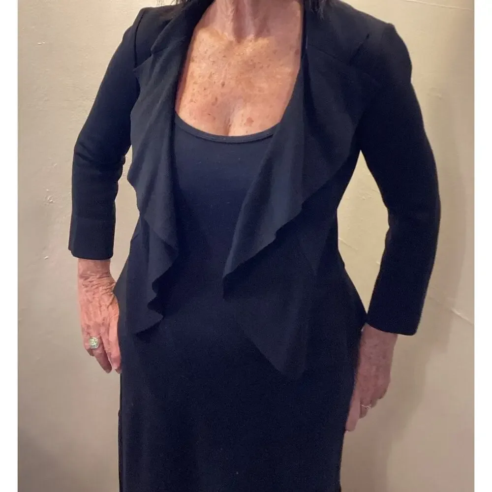 ST. JOHN CAVIAR Black Open Cardigan Ruffle Edge Wool Jacket Evening Blazer 2